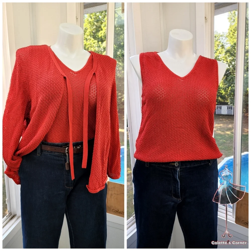 Sweater Set Jones New York Burnt Orange Pointelle Crochet Knit Tie Cardigan